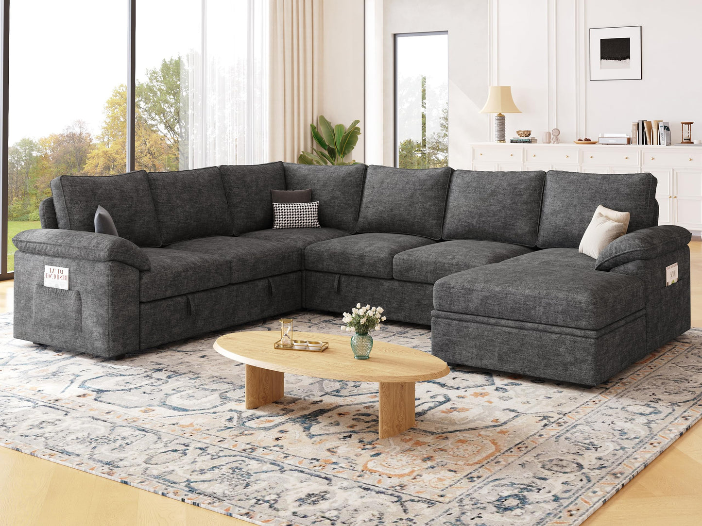 SUAWY 108 Inch Sectional Sleeper Sofa with Pull Out Bed, U Shaped 7 Seat Modular Sectional Sofa with Storage, Dark Grey
