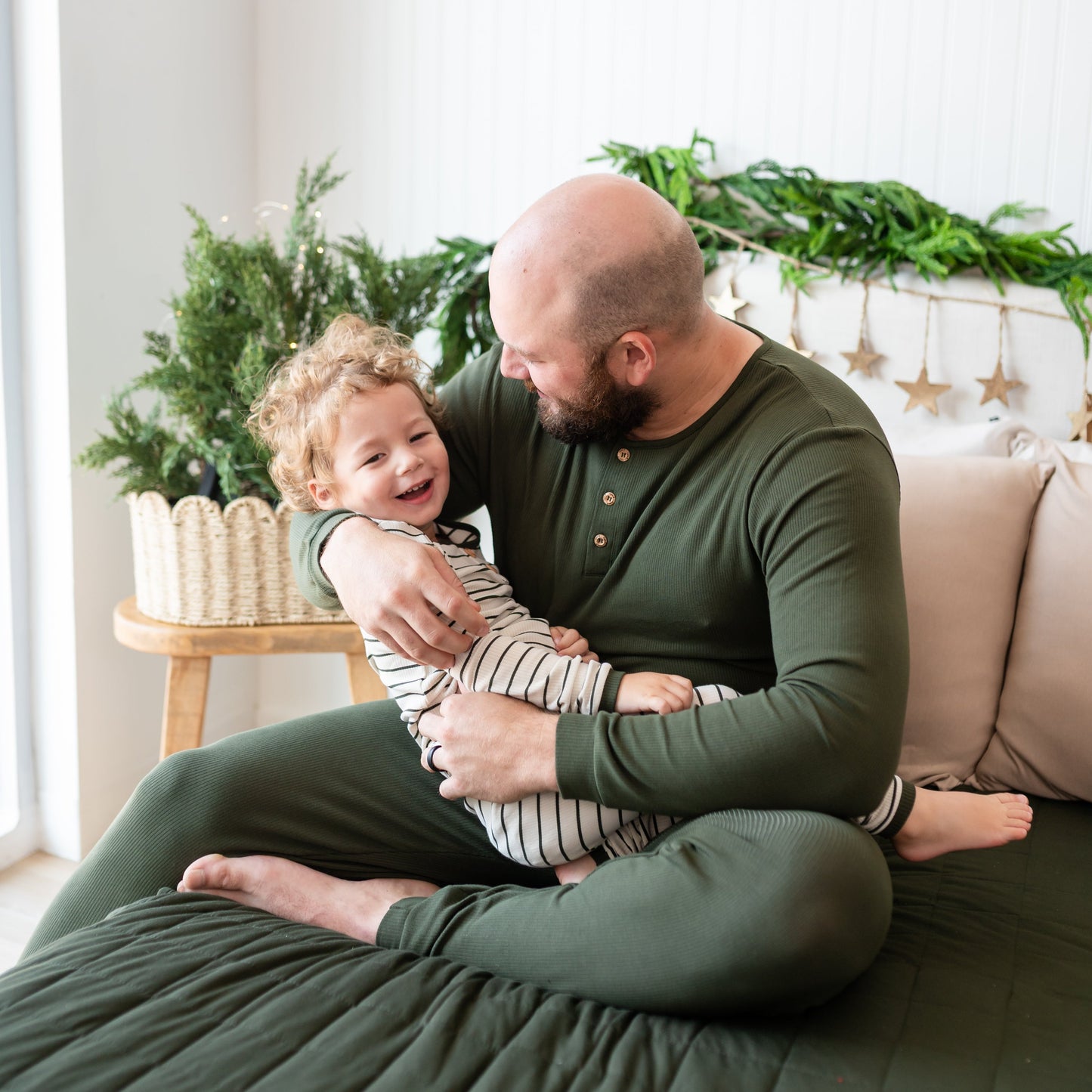 Ribbed Henley Set in Fir Stripe