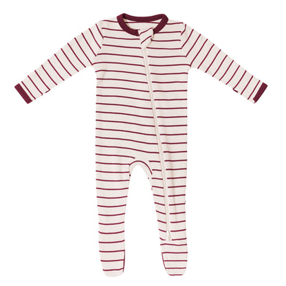 Ribbed Zipper Footie in Burgundy Stripe