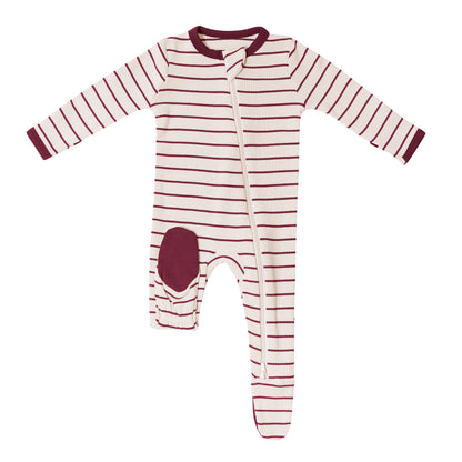 Ribbed Zipper Footie in Burgundy Stripe
