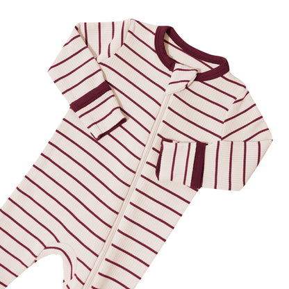 Ribbed Zipper Footie in Burgundy Stripe