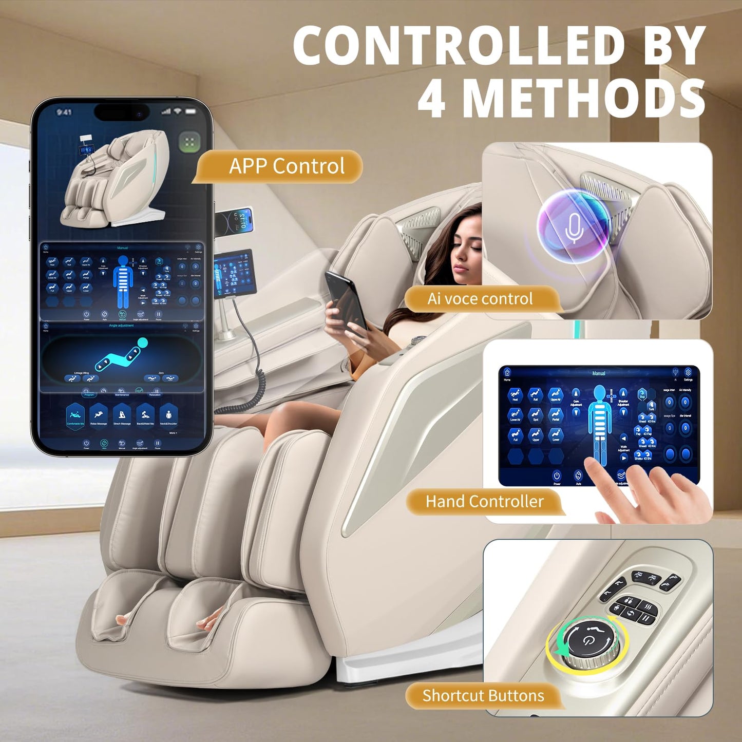 HealthRelife 4D Massage Chair Full Body Zero Gravity Recliner - 55“ SL-Track,15 Auto Modes,(Beige)