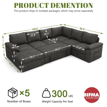 SUAWY 108 Inch Sectional Sleeper Sofa with Pull Out Bed, U Shaped 7 Seat Modular Sectional Sofa with Storage, Dark Grey