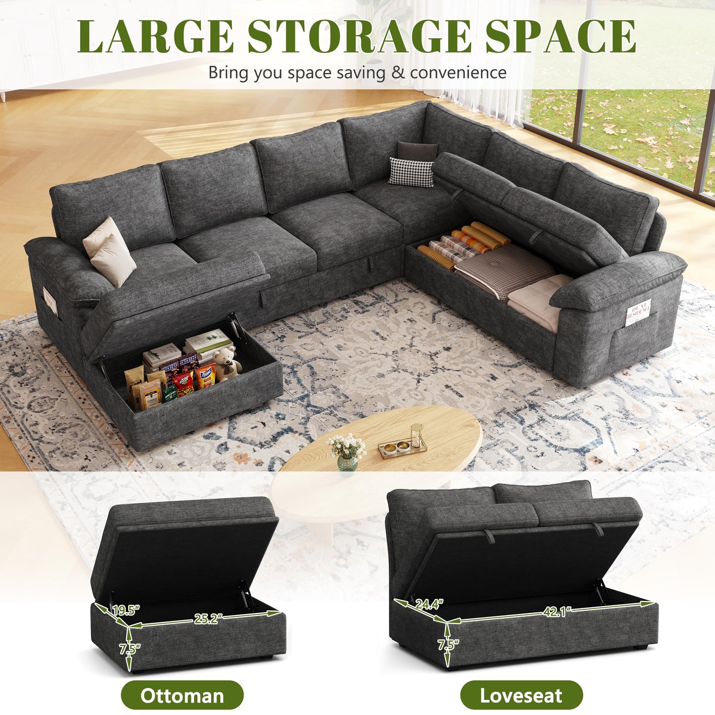SUAWY 108 Inch Sectional Sleeper Sofa with Pull Out Bed, U Shaped 7 Seat Modular Sectional Sofa with Storage, Dark Grey