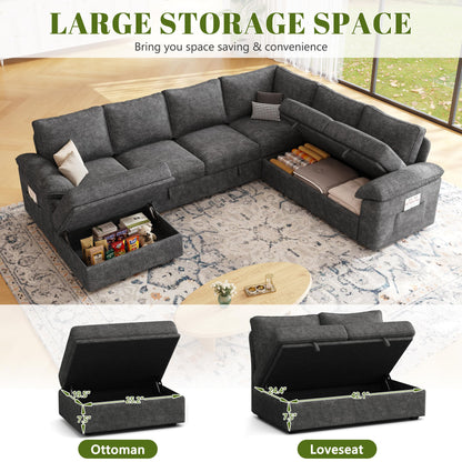 SUAWY 108 Inch Sectional Sleeper Sofa with Pull Out Bed, U Shaped 7 Seat Modular Sectional Sofa with Storage, Dark Grey