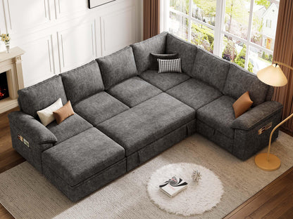 SUAWY 108 Inch Sectional Sleeper Sofa with Pull Out Bed, U Shaped 7 Seat Modular Sectional Sofa with Storage, Dark Grey