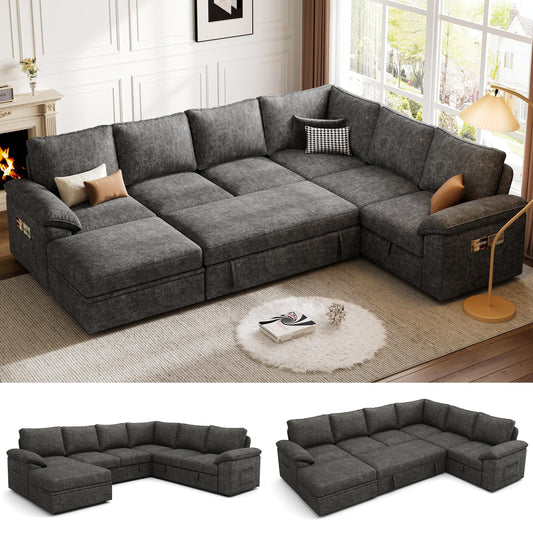 SUAWY 108 Inch Sectional Sleeper Sofa with Pull Out Bed, U Shaped 7 Seat Modular Sectional Sofa with Storage, Dark Grey