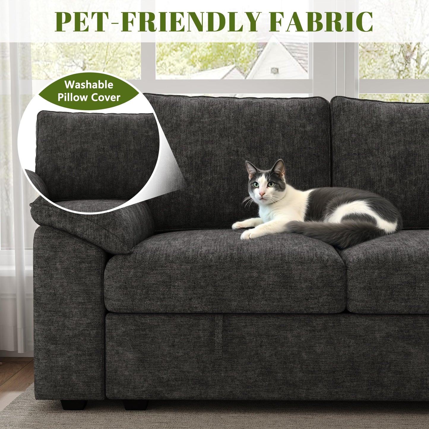 SUAWY 108 Inch Sectional Sleeper Sofa with Pull Out Bed, U Shaped 7 Seat Modular Sectional Sofa with Storage, Dark Grey