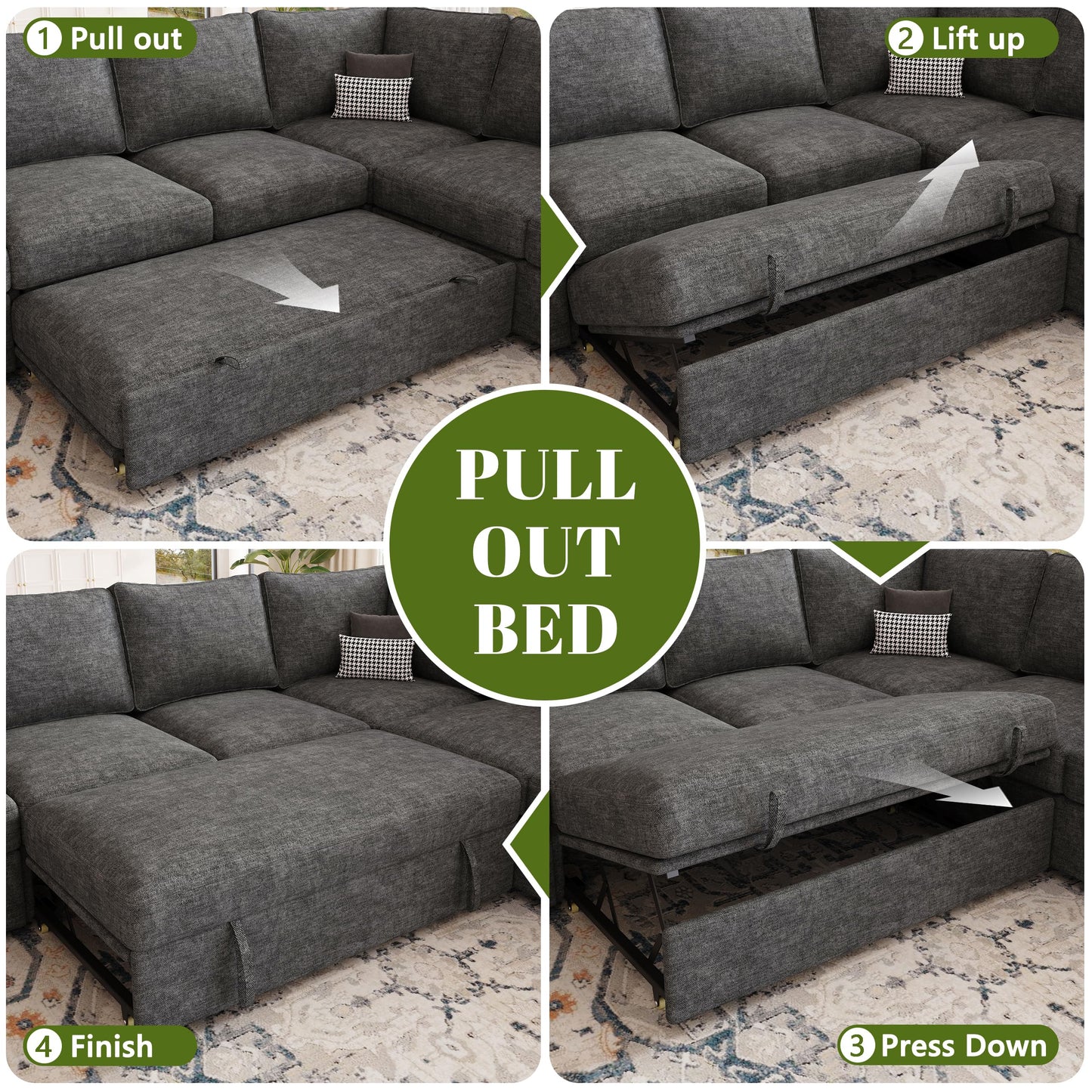 SUAWY 108 Inch Sectional Sleeper Sofa with Pull Out Bed, U Shaped 7 Seat Modular Sectional Sofa with Storage, Dark Grey