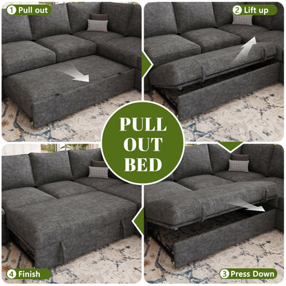 SUAWY 108 Inch Sectional Sleeper Sofa with Pull Out Bed, U Shaped 7 Seat Modular Sectional Sofa with Storage, Dark Grey