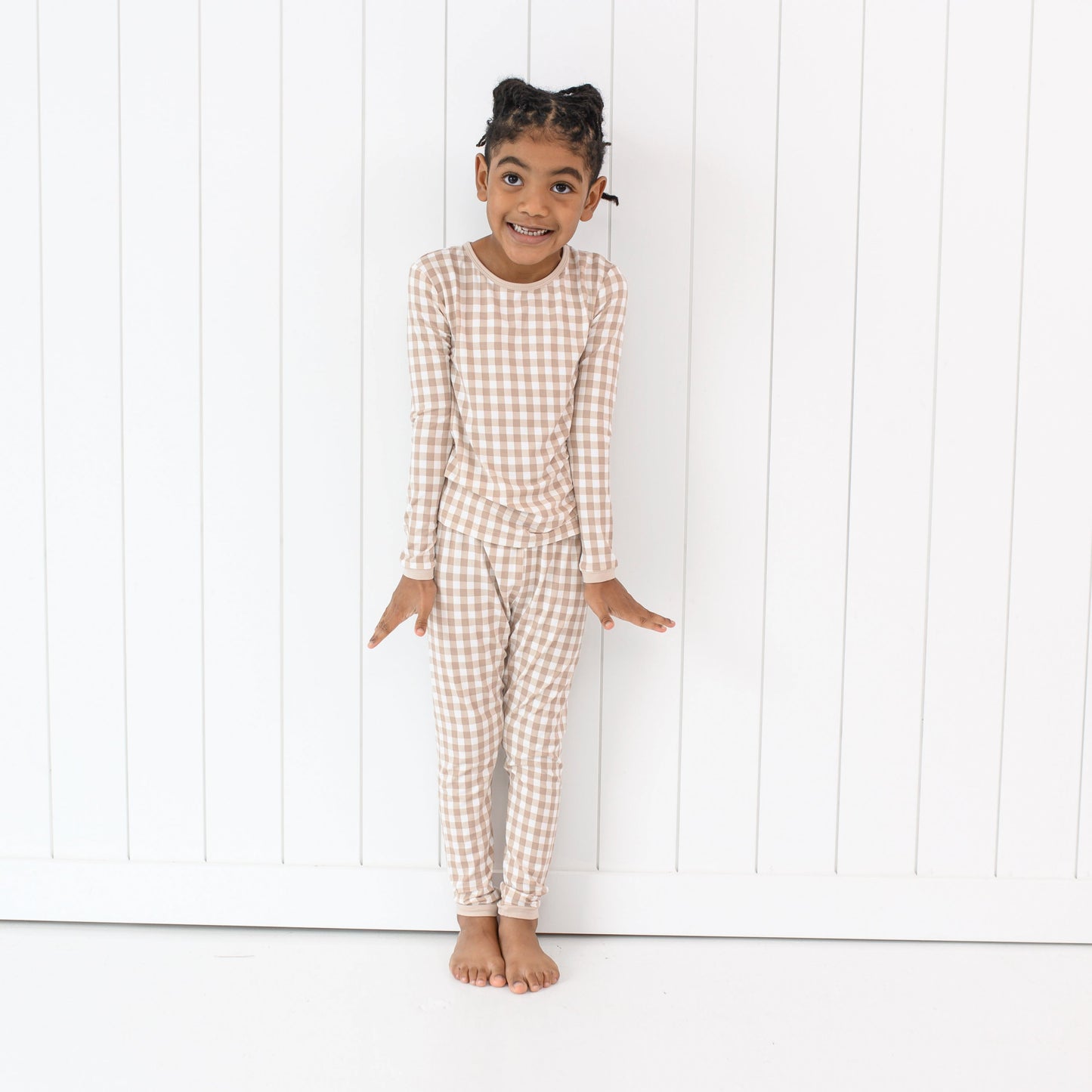 Long Sleeve Pajamas in Gingham Bisque