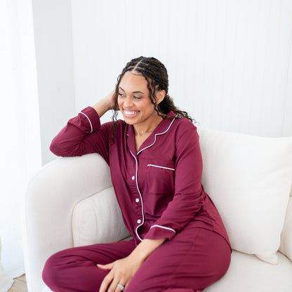 Long-Sleeved Women's Pajama Set in Burgundy with Cloud Trim