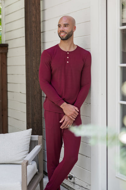 Men's Ribbed Henley Set in Burgundy