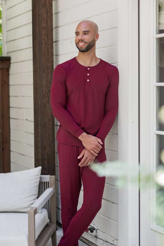 Men's Ribbed Henley Set in Burgundy