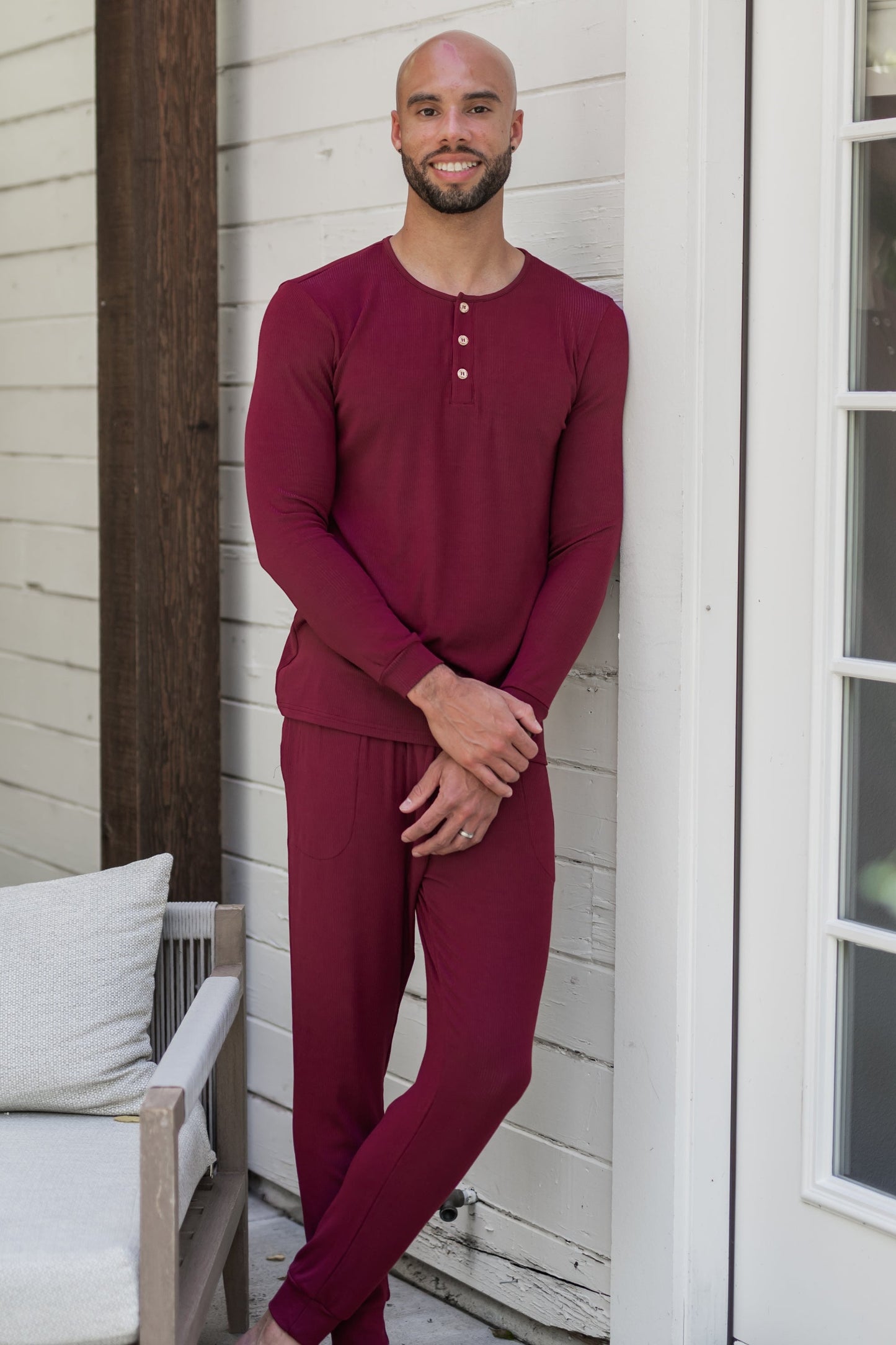 Men's Ribbed Henley Set in Burgundy