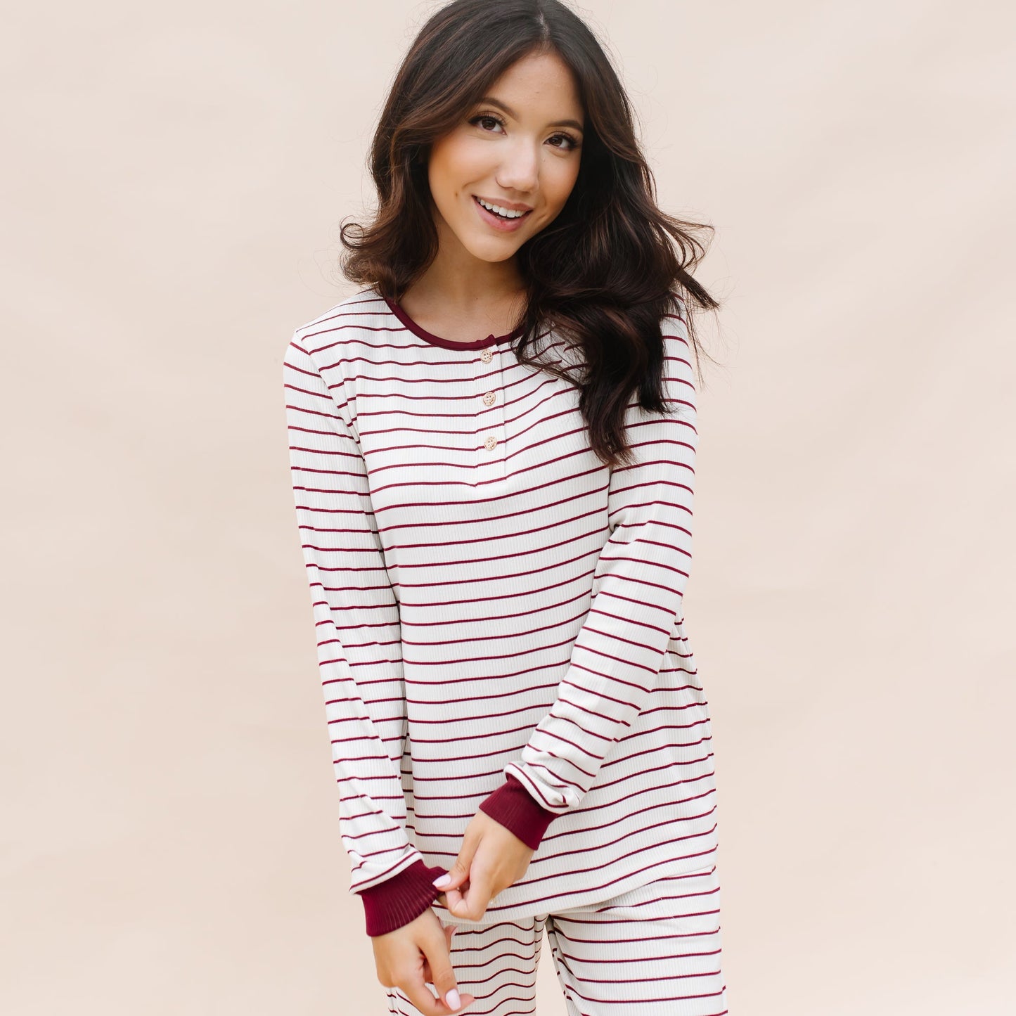 Women’s Ribbed Henley Set in Burgundy Stripe