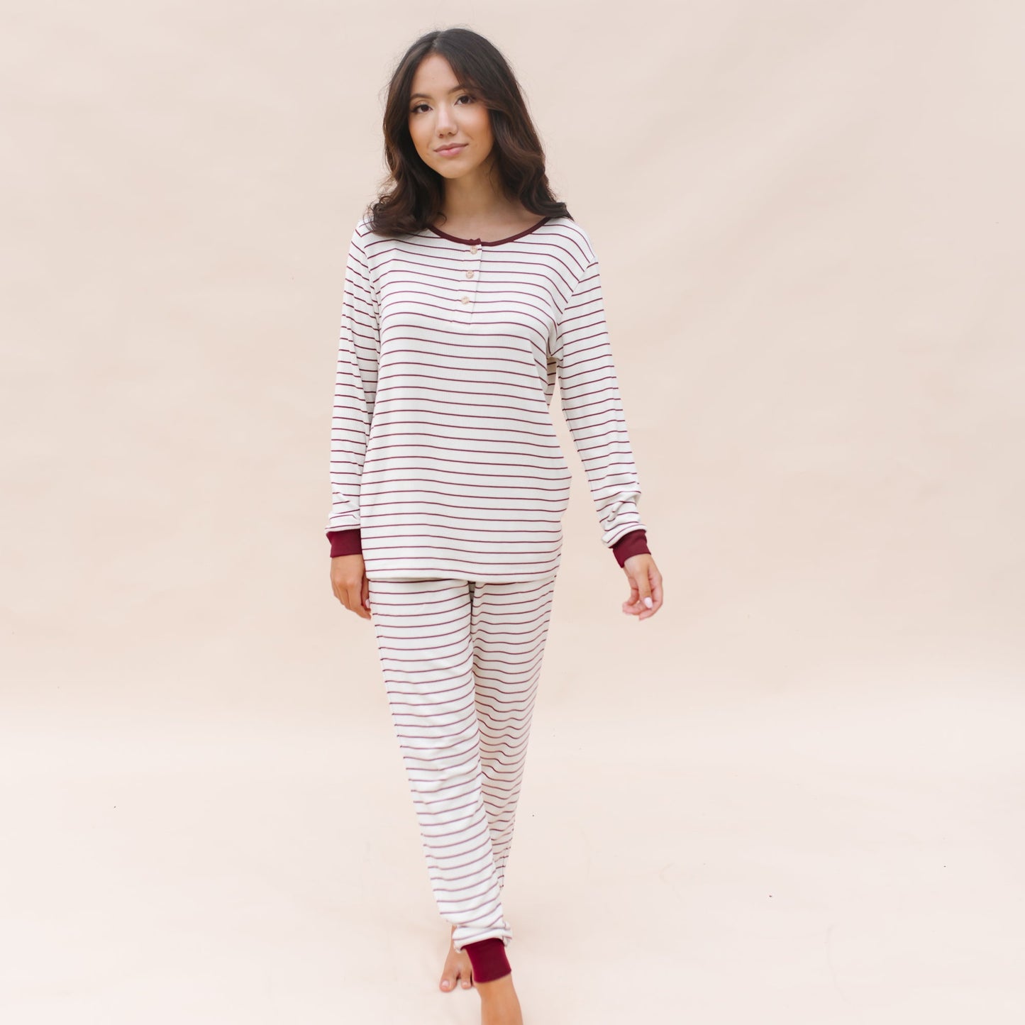 Women’s Ribbed Henley Set in Burgundy Stripe