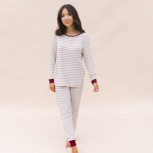 Women’s Ribbed Henley Set in Burgundy Stripe