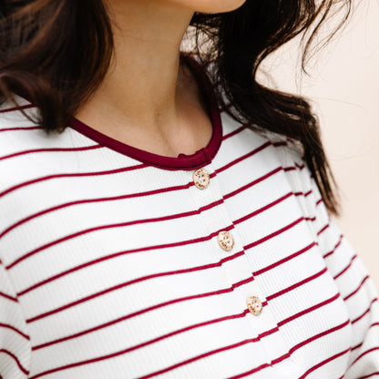 Women’s Ribbed Henley Set in Burgundy Stripe