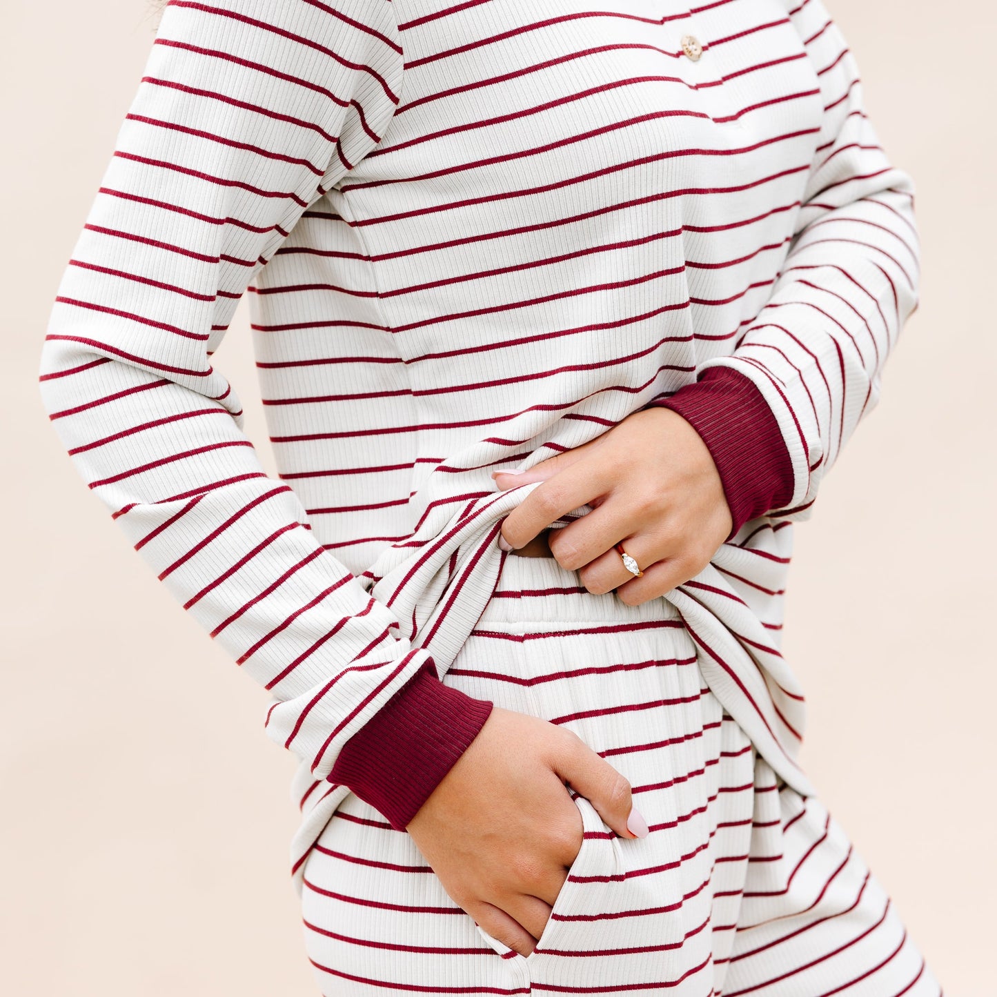 Women’s Ribbed Henley Set in Burgundy Stripe