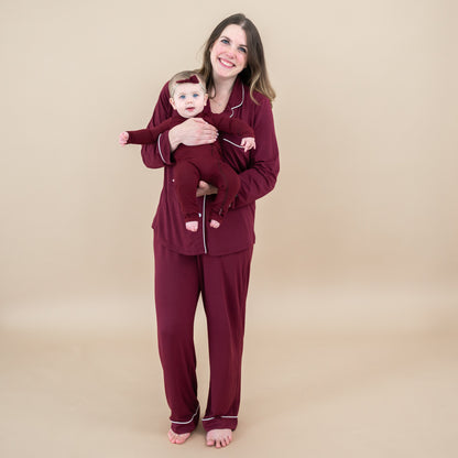 Long-Sleeved Women's Pajama Set in Burgundy with Cloud Trim