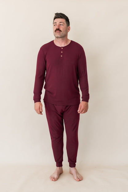 Men's Ribbed Henley Set in Burgundy