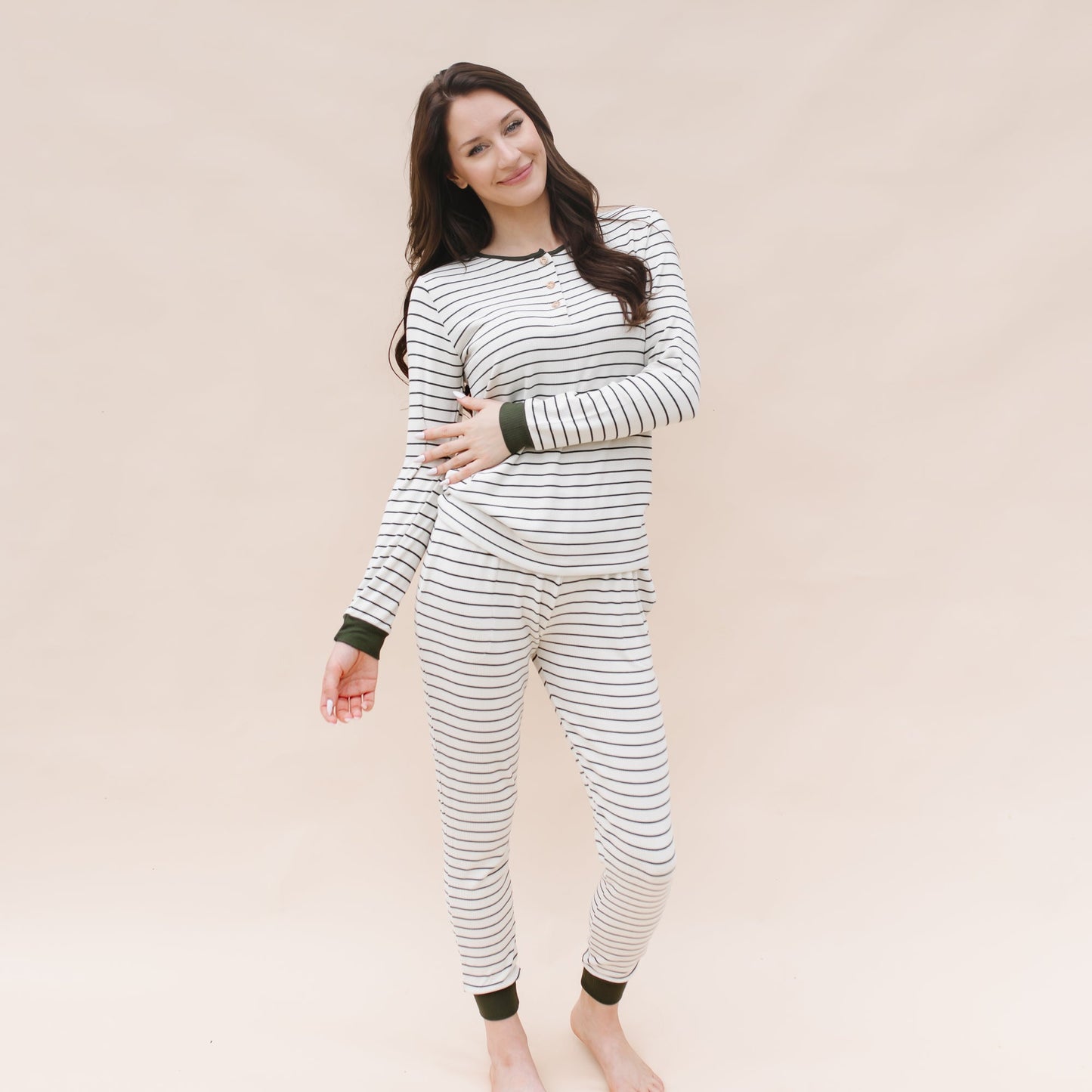 Women’s Ribbed Henley Set in Fir Stripe