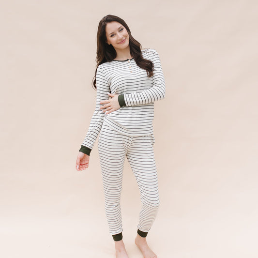 Women’s Ribbed Henley Set in Fir Stripe