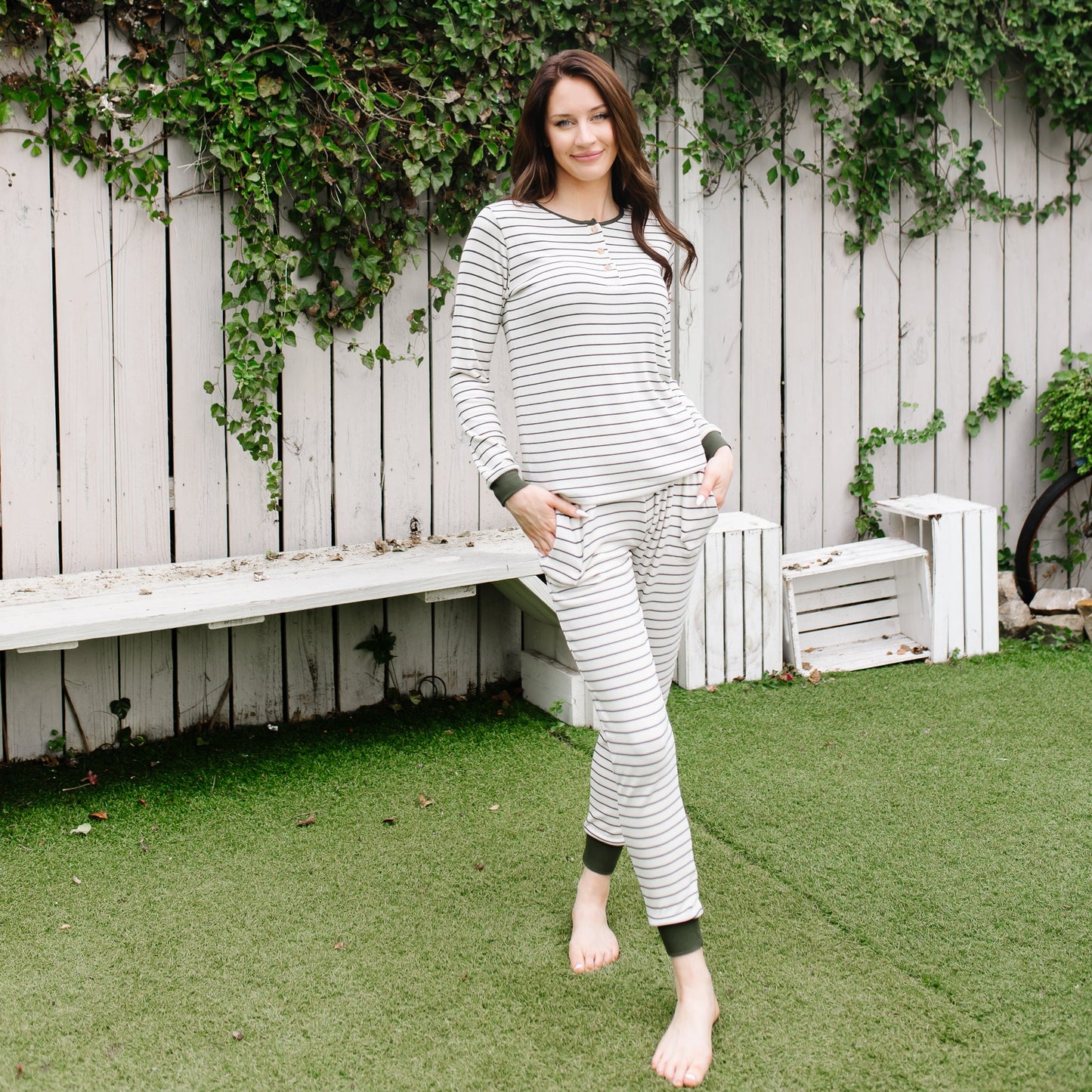 Women’s Ribbed Henley Set in Fir Stripe