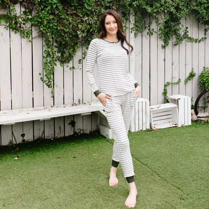 Women’s Ribbed Henley Set in Fir Stripe