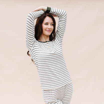 Women’s Ribbed Henley Set in Fir Stripe