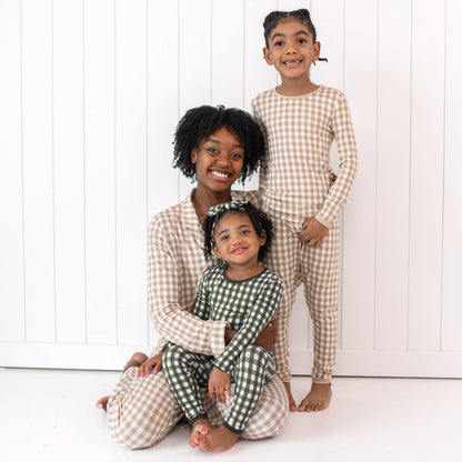 Long Sleeve Pajamas in Gingham Bisque