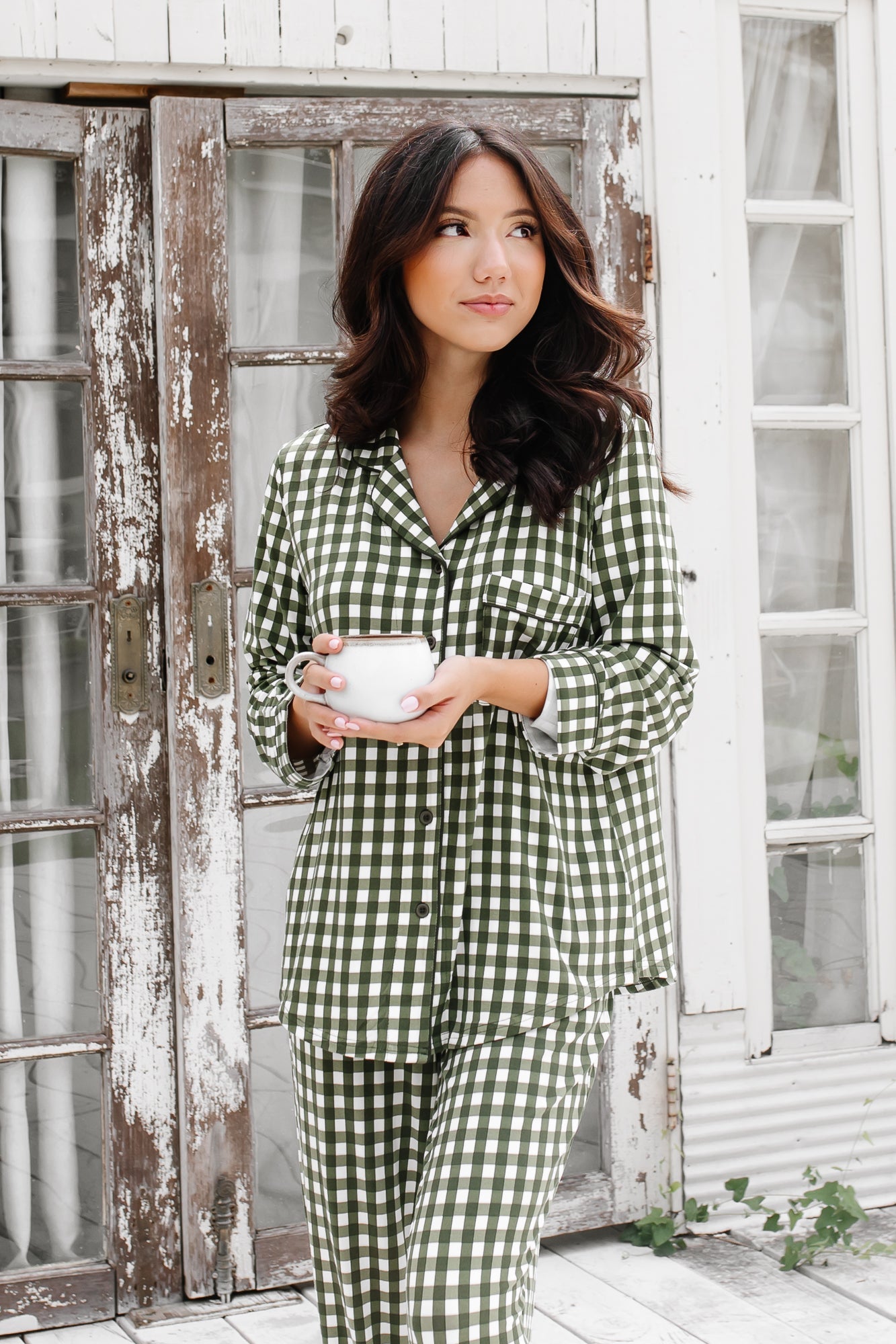 Long-Sleeved Women's Pajama Set in Gingham Fir
