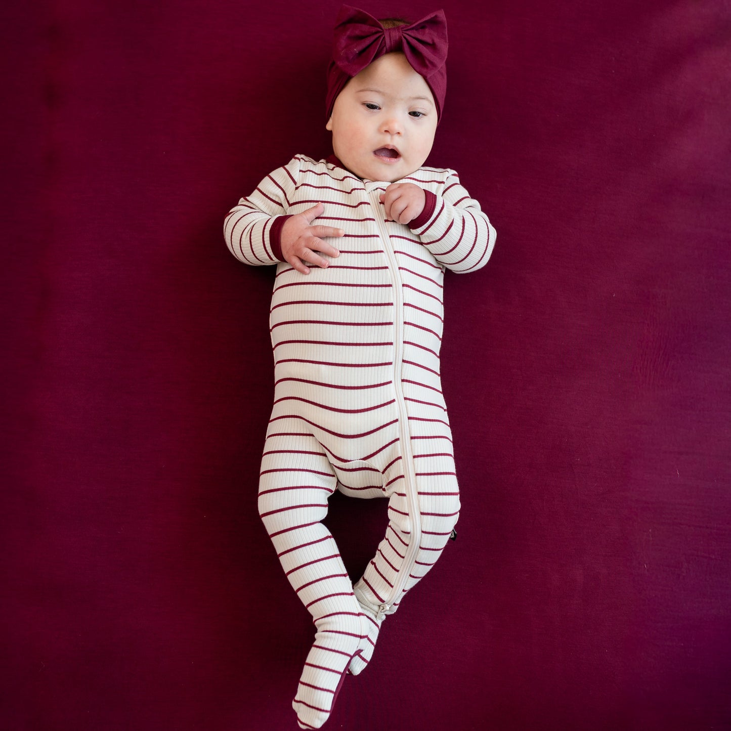 Ribbed Zipper Footie in Burgundy Stripe