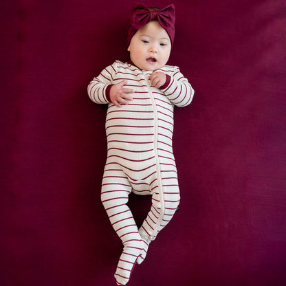 Ribbed Zipper Footie in Burgundy Stripe