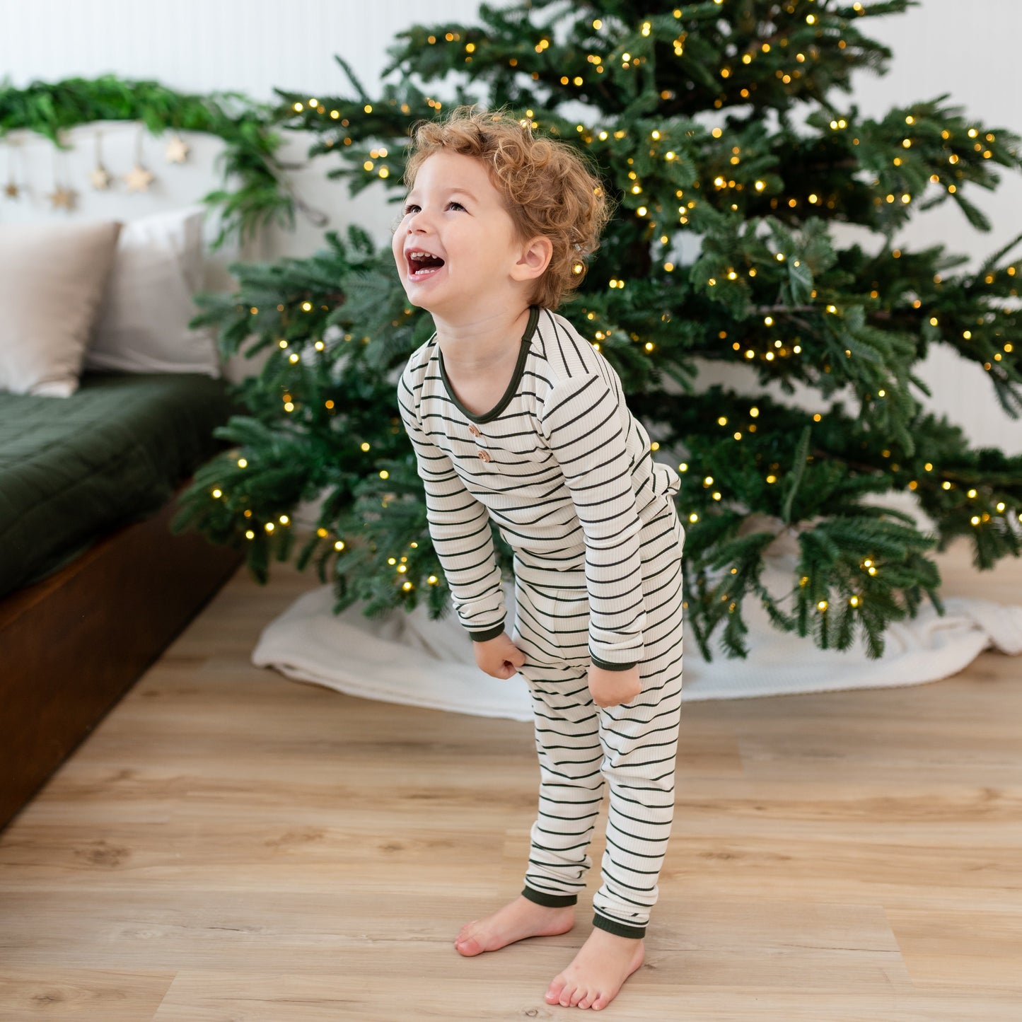 Ribbed Henley Set in Fir Stripe