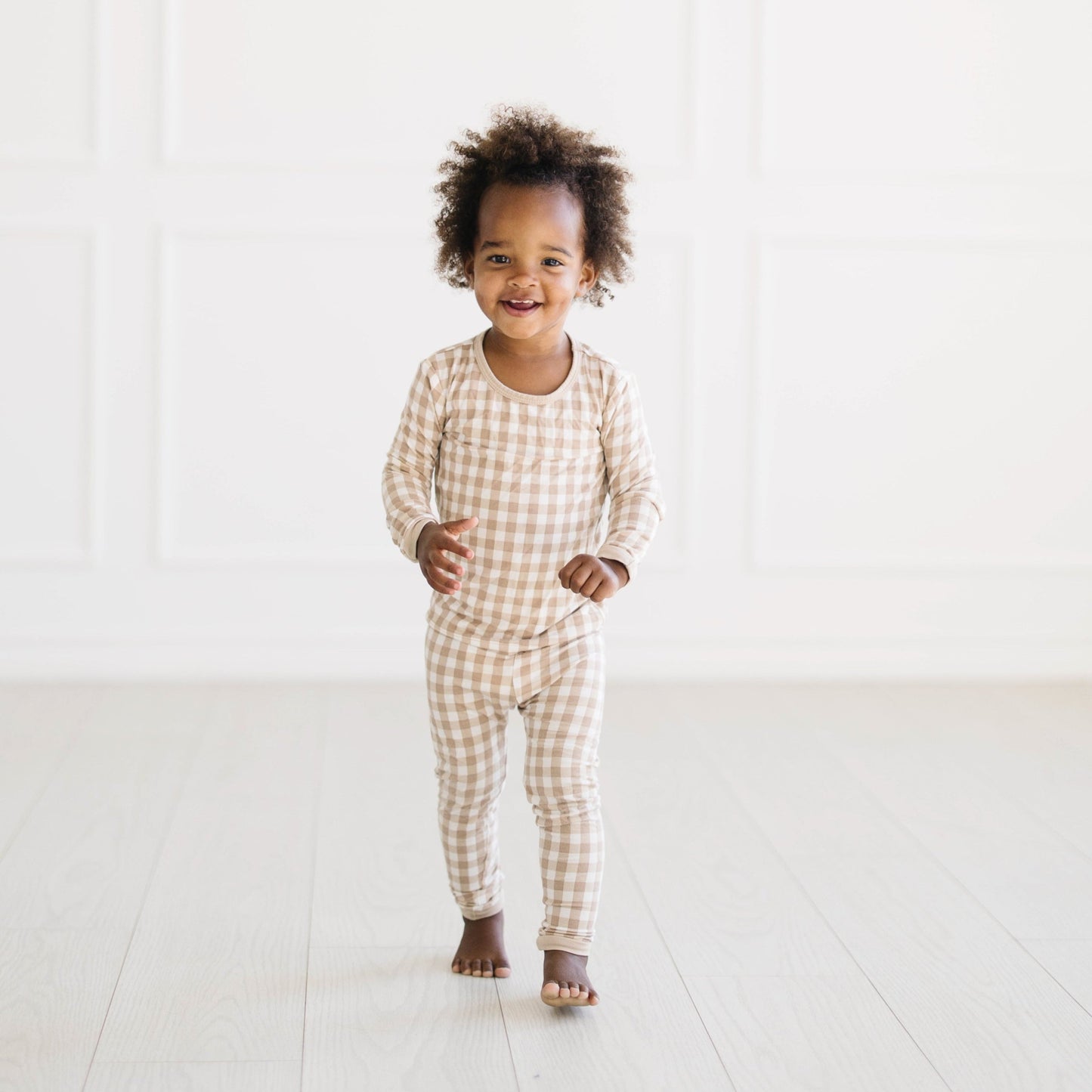 Long Sleeve Pajamas in Gingham Bisque