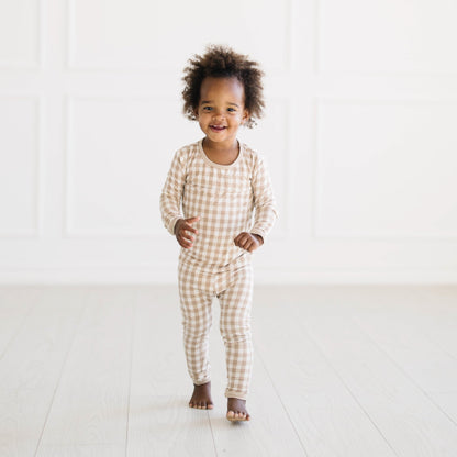 Long Sleeve Pajamas in Gingham Bisque