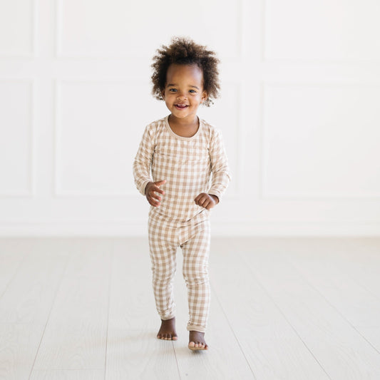 Long Sleeve Pajamas in Gingham Bisque