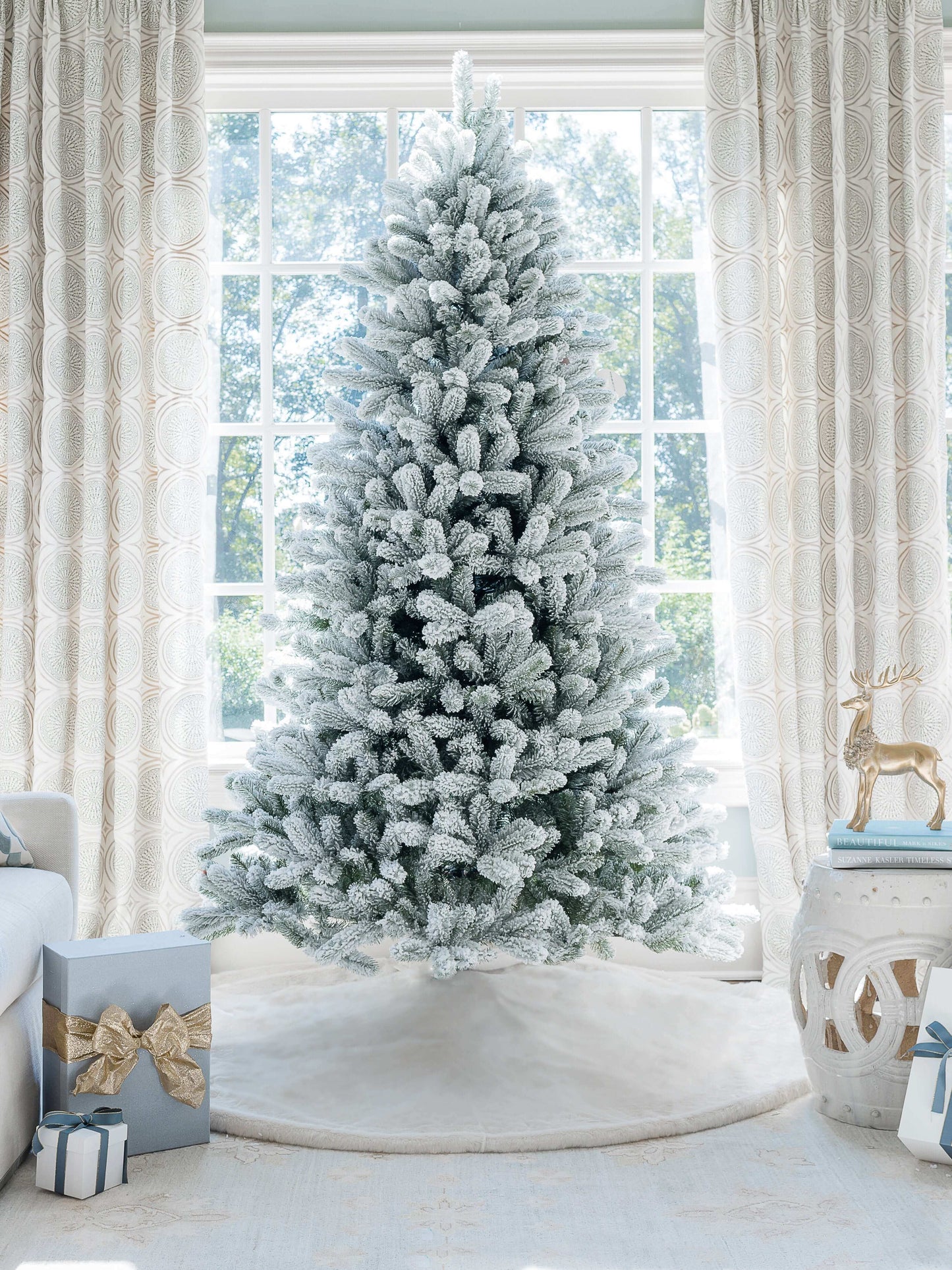 12' King Flock® Artificial Christmas Tree with 1650 Warm White LED Lights
